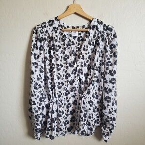 CAbi 5898 Rosette Leopard Wrap Peplum Blouse Animal Print Ruched Size Women's S